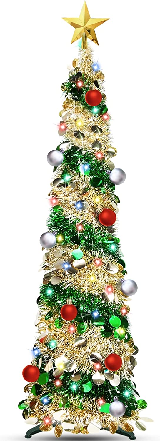 5 Ft Tinsel Christmas Tree with Timer Ball Ornaments 4 Modes 50 Warm