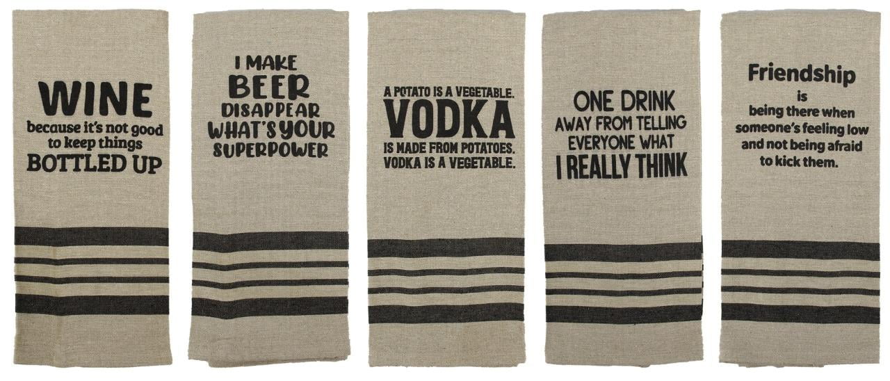 5 Funny Flour Sack Towels with Beer Wine Alcohol Drinking Theme for Bar