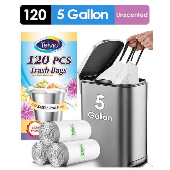 5 Gallon 100 Counts Strong Drawstring Trash Bags Garbage Bags by Teivio, Small Plastic Trash Bags fit 18-20L Trash Can for Home Office Kitchen Bathroom Bedroom, White Waste Basket Liners