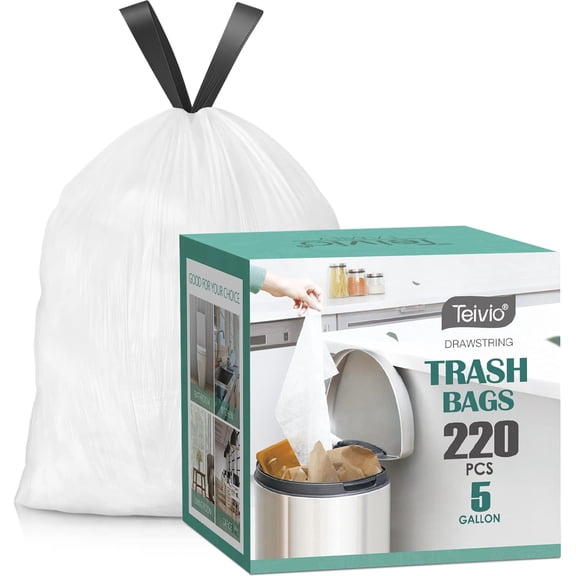 5 Gallon 220pcs Strong Drawstring Trash Bags Garbage Bags by , Bathroom Trash Can Bin Liners, Small Plastic Bags for home office kitchen, White