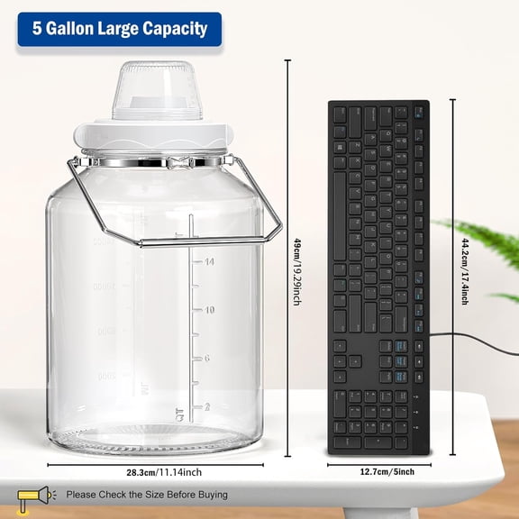 5 Gallon Airtight Glass Storage Jar with Stainless Steel Handle and Measuring Cup for Bulk Food Fermentation