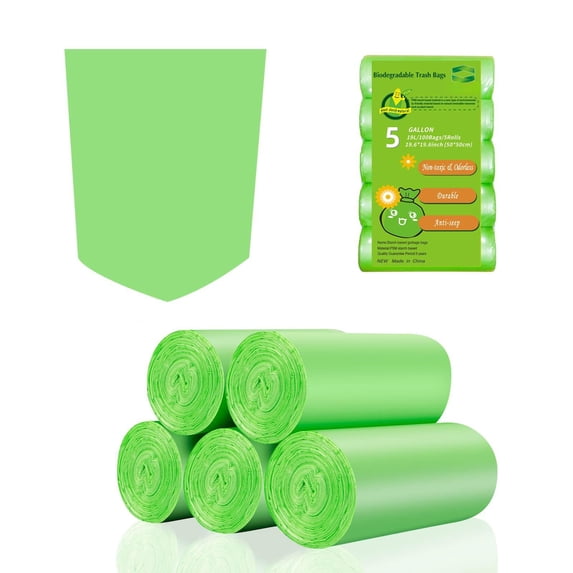 5 Gallon Biodegradable Garbage Bags - 100 Count Unscented Compostable Trash Leakproof & Resistant Wastebasket Liners Fit For Kitchen Pet Or Diaper Pail 5 Rolls Clear Green