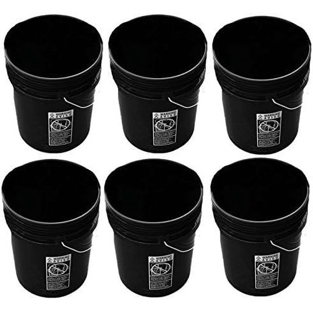 5 Gallon Black Buckets Six (6) Pack Plastic Black