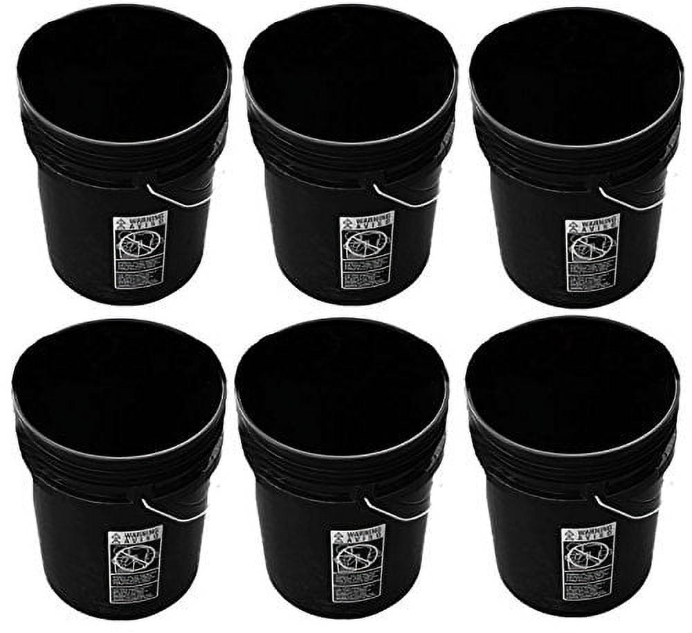5 Gallon Black Buckets Six (6) Pack Plastic Black