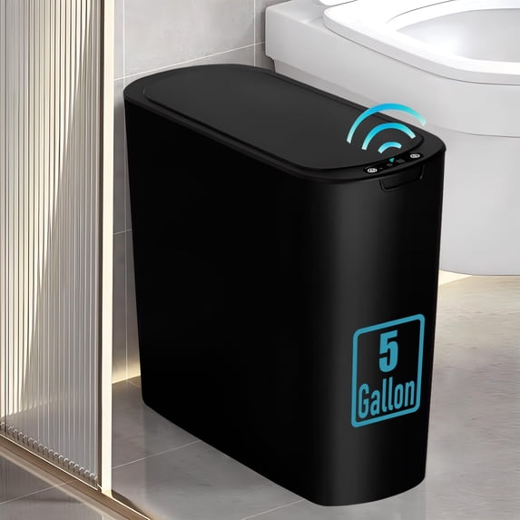 5 Gallon Black Touchless Smart Plastic Waste Basket For Narrow Spaces Bathroom Office Bedroom Living Room