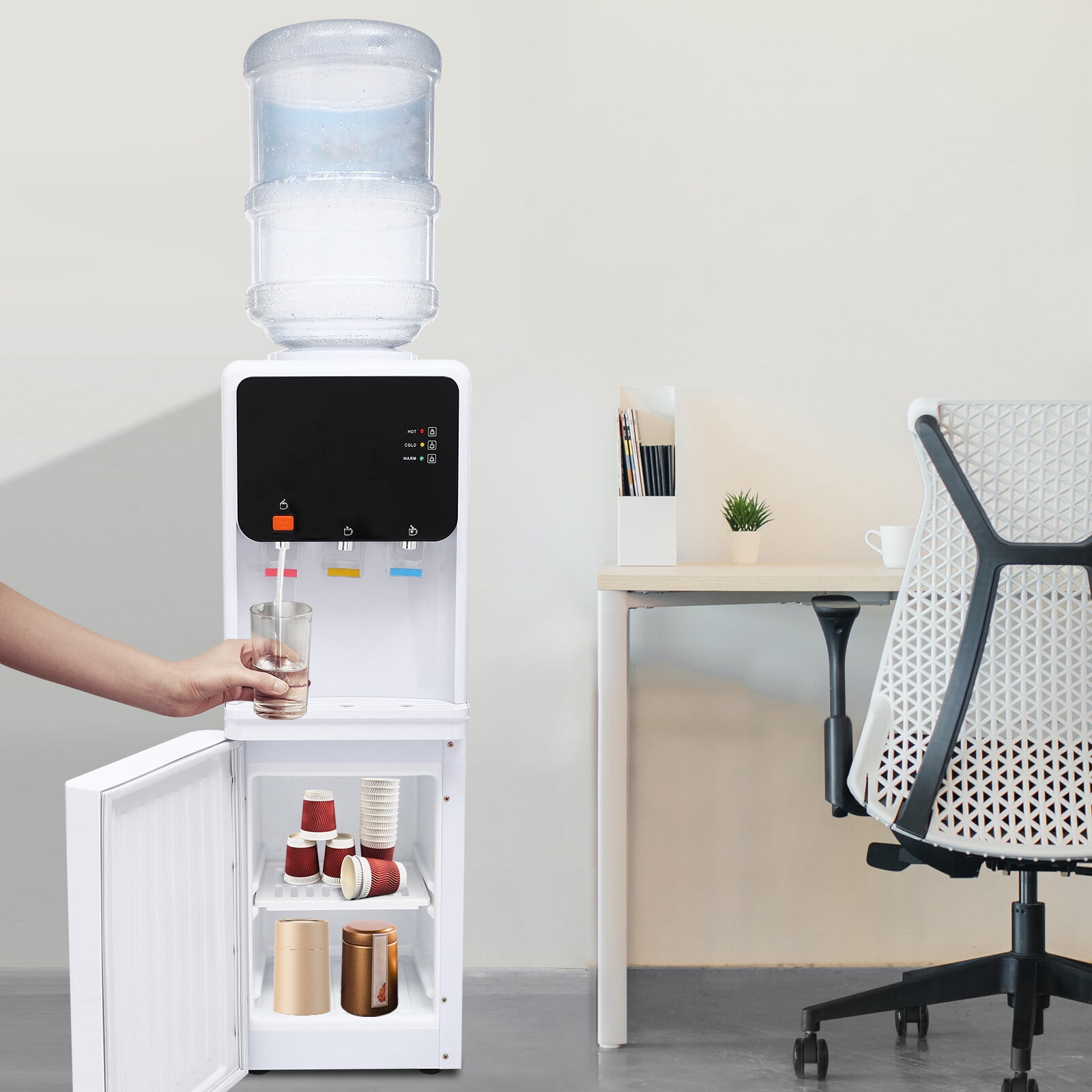 5 Gallon Bottles, Top Loading Hot & Cold Water Freestanding Electric Water Cooler Machine w/Storage Cabinet, Drinking Machine for Home Office