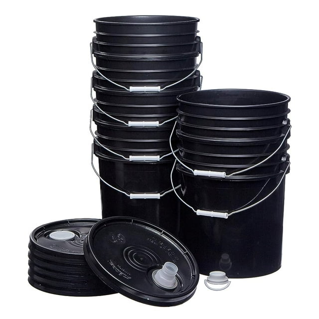 5 Gallon Bucket with Rieke Lid, HDPE, Black, 6 Pack