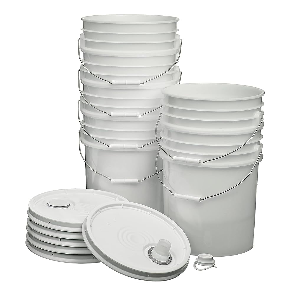 5 Gallon Bucket with Rieke Lid, HDPE, Natural, 6 Pack