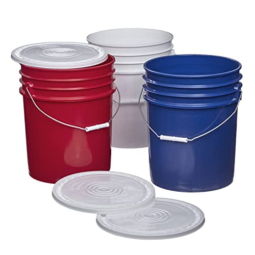 5 Gallon Bucket with White Lid, HDPE, Red/White/Blue, 3 Pack