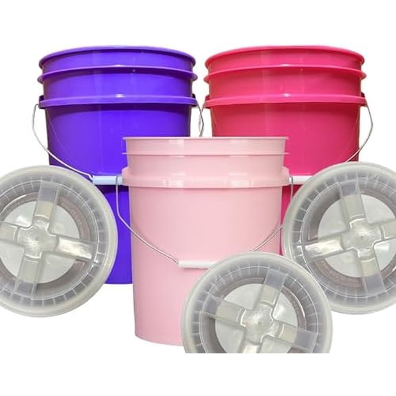 5 Gallon Food Grade, BPA Free, Made in USA, Plastic Bucket, 3 Colors, (Pack of 3) (5G-Pink-Magenta-Purple HN Clear lids)