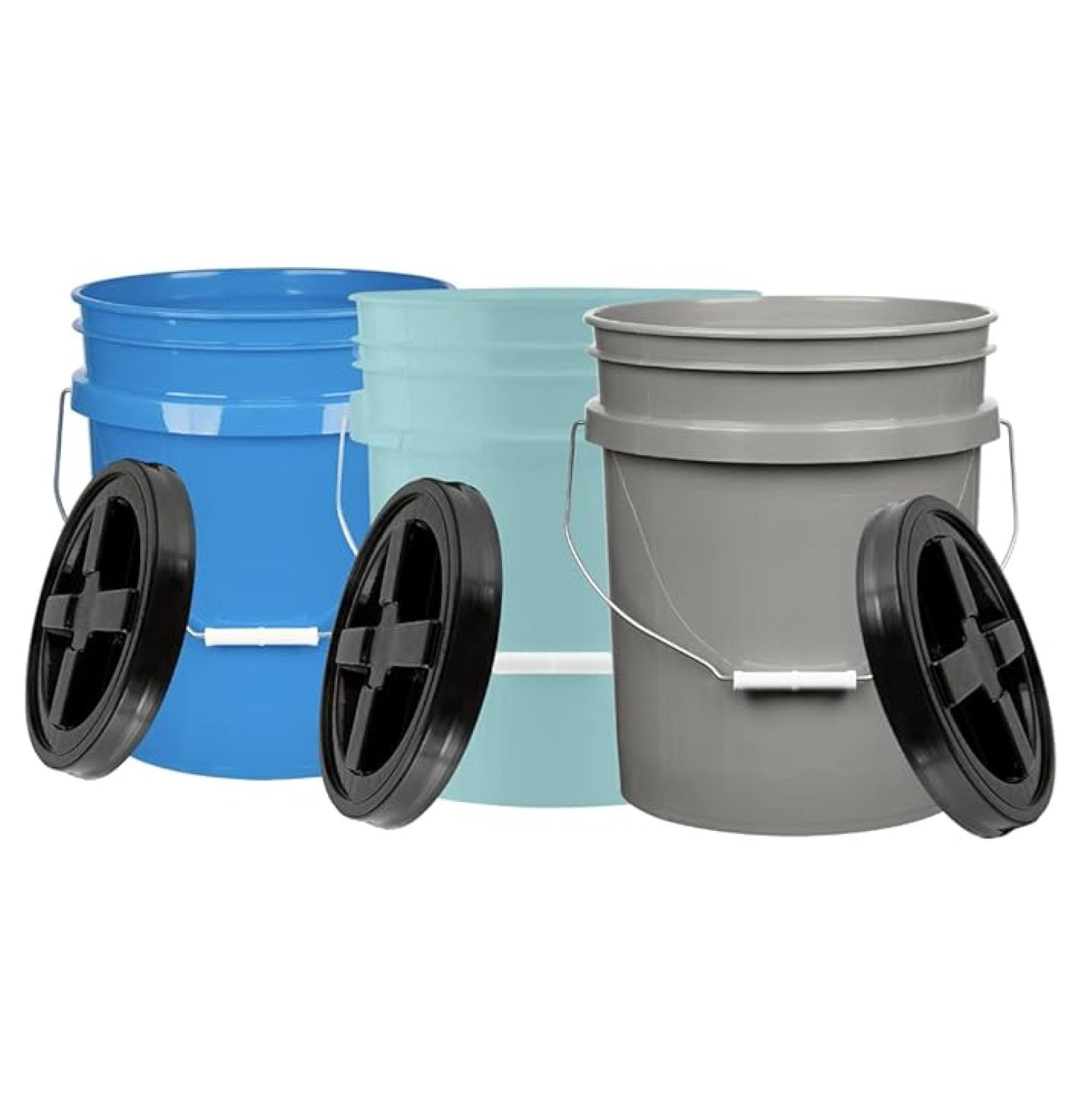 5 Gallon Food Grade Bucket Pail with Airtight Screw on Lid (Pack of 3) BPA Free Made in USA- 3 Colors (Aqua, Blue, Gray, Black lids)