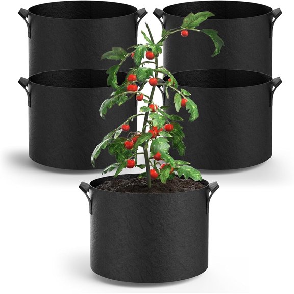 5 Gallon Grow Bags (5-Pack) 鈥?Heavy Duty Thickened Aeration Fabric Pots with Handles for Plants, Vegetables & Root Training 鈥?Sturdy Non-Woven, Improved Drainage & Airflow