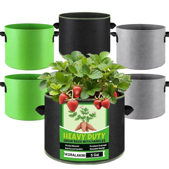 KORALAKIRI 6 Pack 5 Gallon Grow Bags Heavy Duty 300G Thickened Nonwoven Plant Fabric Pots with Handles for Tomato, Potato and Vegetable