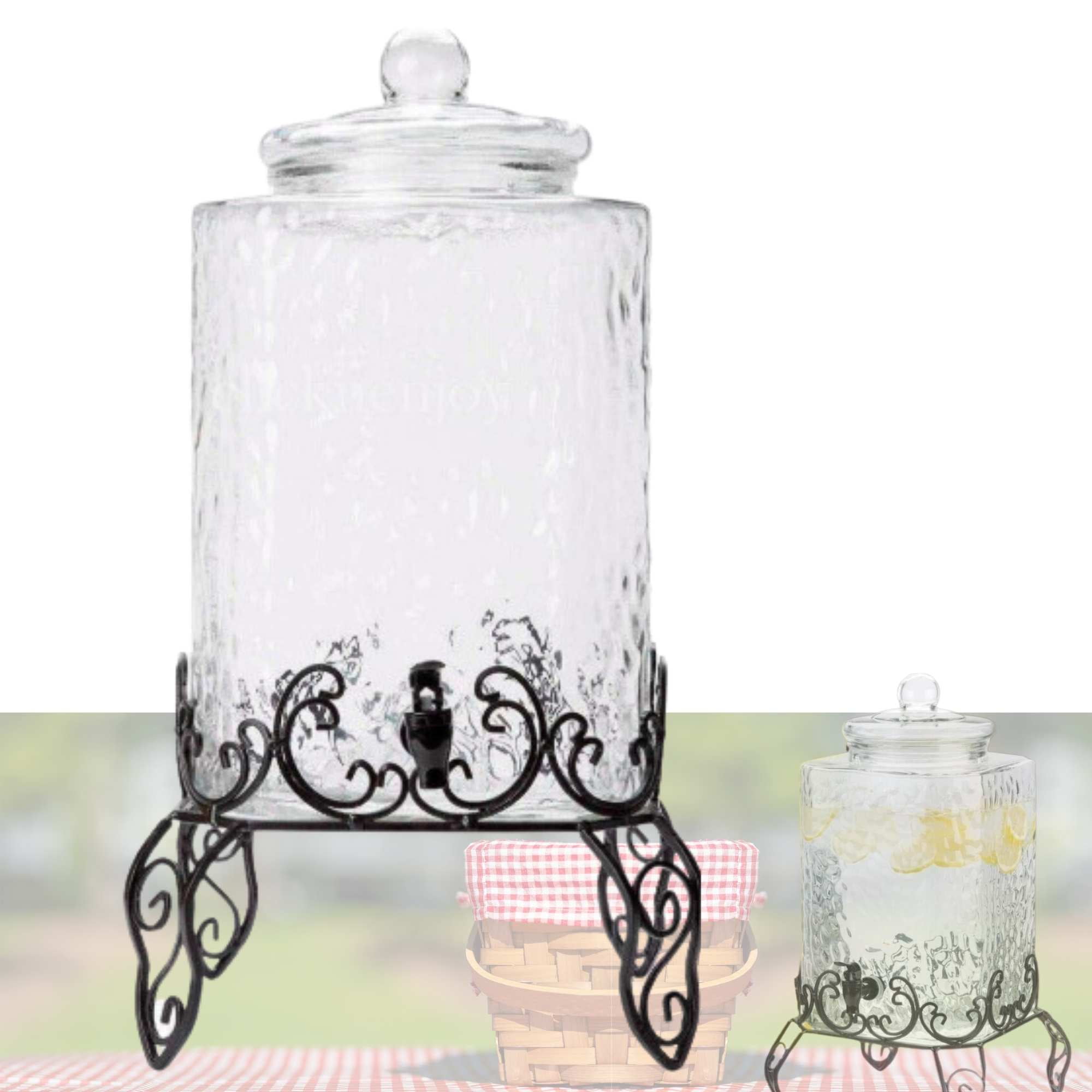 5 Gallon Hammered Glass Beverage Dispenser with Metal Stand COMPLETE