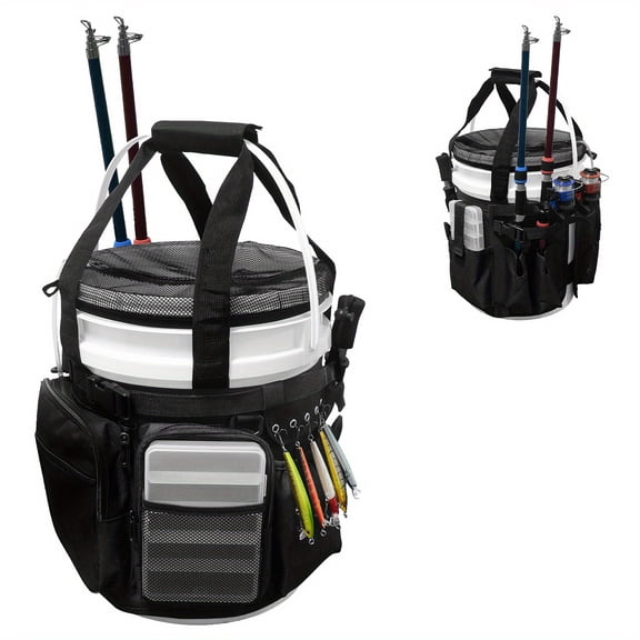 5-Gallon Heavy-Duty Fishing Tackle Organizer with Cover, Multi-Pocket Storage with Rod and Plier Holders for Fishing Gear and Accessories