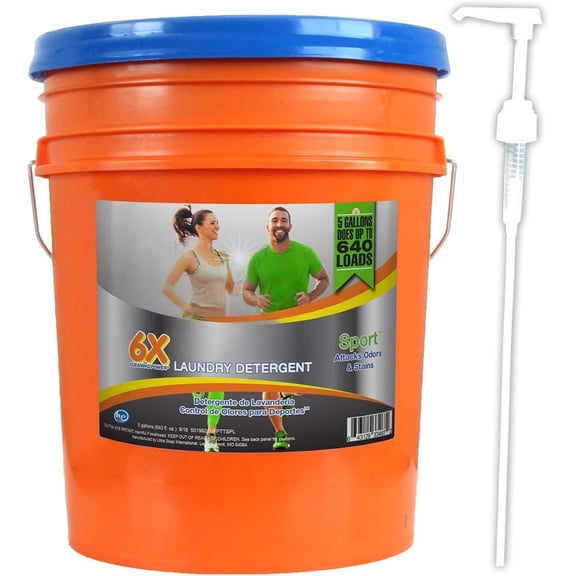 5 Gallon Liquid Laundry Detergent Washing Soap for All Machine Types, 6X Platinum, Up to 640 Loads, Sport Odor & Stain Remover
