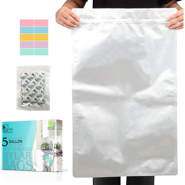 5 Gallon Mylar Bags with 2500CC Oxygen Absorbers and Labels, Zipper