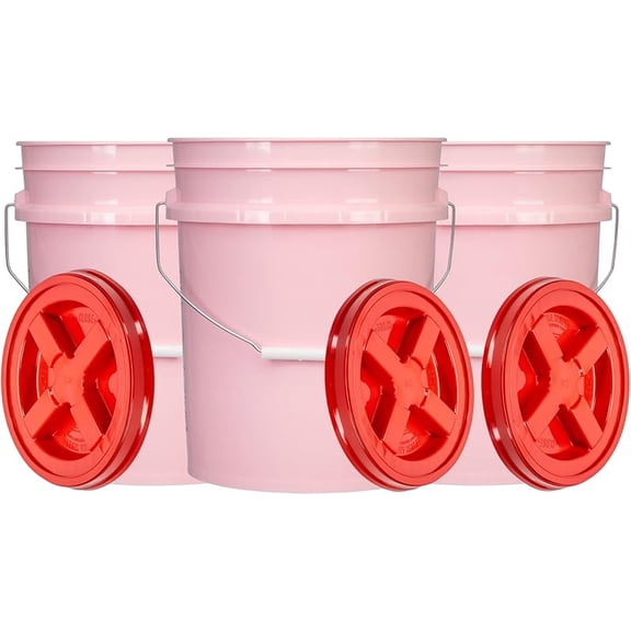 5 Gallon Pink Food Grade BPA Free Made in USA Plastic Storage Bucket with Lid Cover (Pack of 3) (with Scarlet Red Screw on Airtight Lids)
