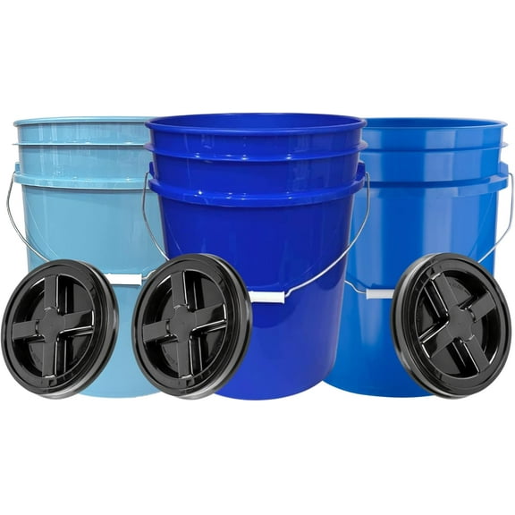 5 Gallon Plastic Blue Food Grade Made in USA Bucket Container with Air Tight Screw on Lid Blue- Pack of 3