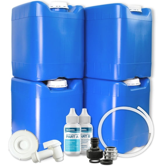 5-Gallon Stackable Water Containers with Spigot & Water Treatment - Emergency Water Storage Kit (4x - 5 Gallon Water Tanks)