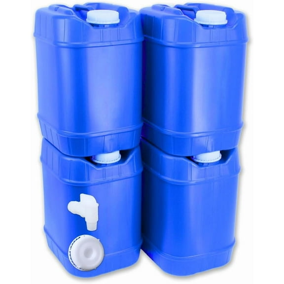 5-Gallon Stackable Water Storage Containers, 5 Lids + 1 Spigot, Easy Fill, Survial Supply Emergency Water Storage for Camping and Disaster Preparedness, RV, 20 Gallon (4 Tanks)