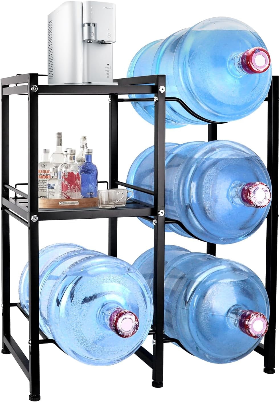 5 Gallon Water Jug Holder with 2-Layer Storage Shelf and 4 Slot Water ...