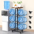 thumbnail image 1 of 5 Gallon Water Jug Holder ,3 Tier Foldable Heavy Duty Water Jug Stand Water Bottle Holder Organizer With Lockable Casters Water Dispenser Stand Rack With Removable Wood Top Shelf for 6 Bottles, Black, 1 of 12
