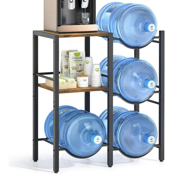 5 Gallon Water Jug Holder, 3-Tier Water Jug Stand with Extended Wood Tabletop Shelf, 4 Slots 5 Gal Water Bottle Holder Storage Rack with Water Dispenser Stand for Home,Office,Garage Organizer