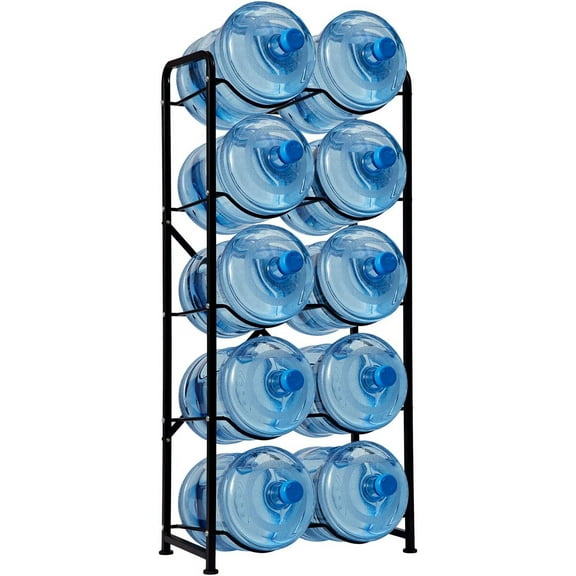 5 Gallon Water Jug Holder, 5-Tier Reinforced Carbon Steel Bottle Storage Rack for 10 Bottles - Cooler Organizer for Office, Family, Garages, Restaurant, Gym. Black