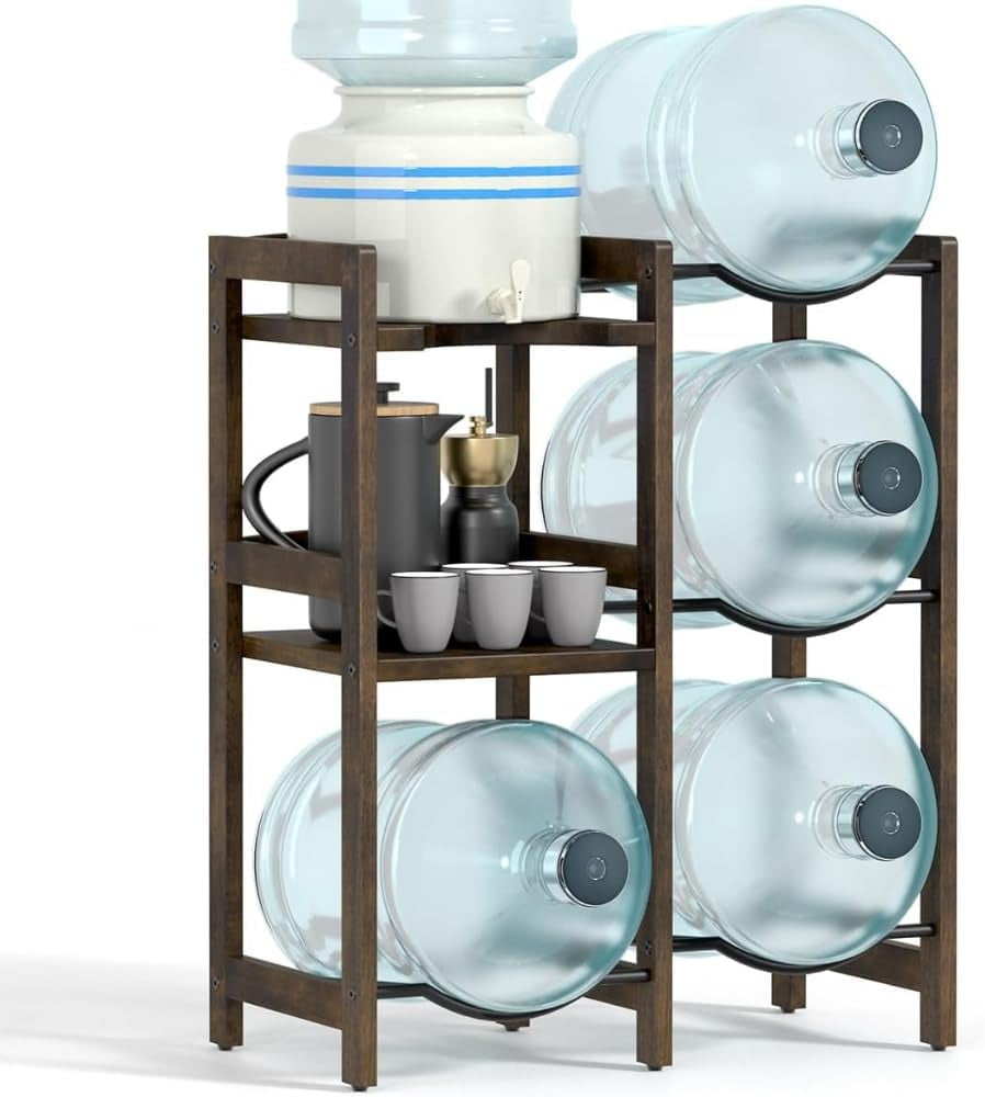 5 Gallon Water Jug Holder, Natural Solid Wood - 4 Slot Water Jug Stand with 2-Layer Storage ...