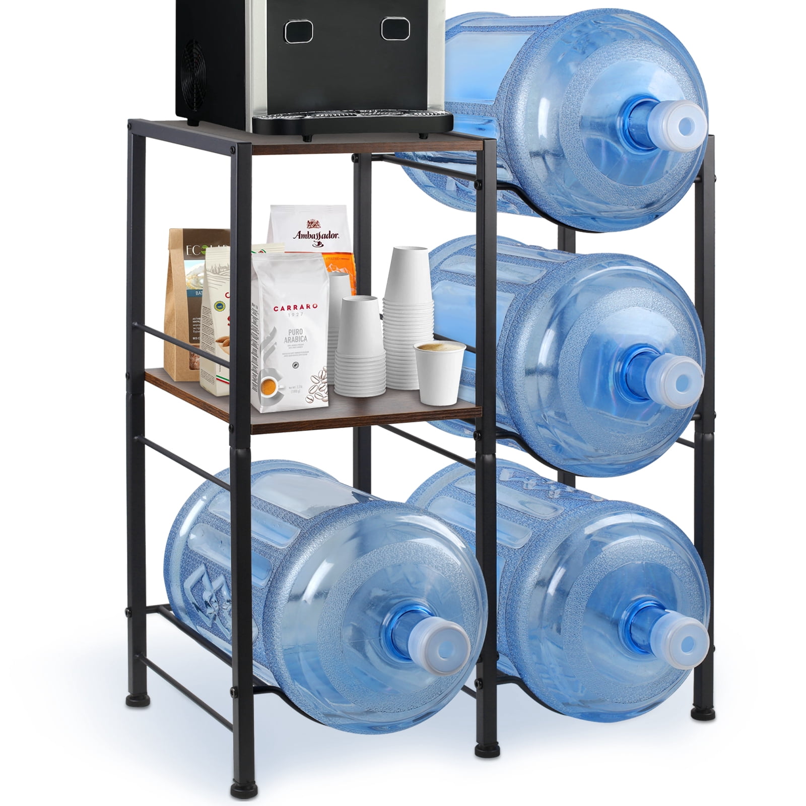 5 Gallon Water Jug Holder Rack with Wooden Tabletop, 4-Bottle Water Dispenser Stand & Extra Storage Shelf for Home, Office, Kitchen (Black)