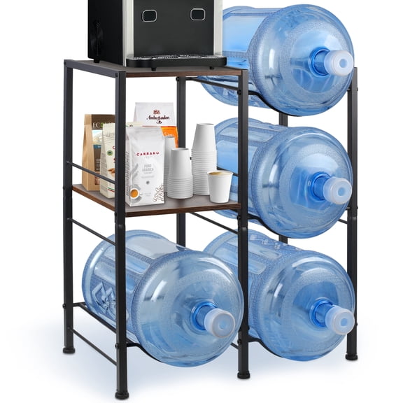 5 Gallon Water Jug Holder Rack with Wooden Tabletop, 4-Bottle Water Dispenser Stand & Extra Storage Shelf for Home, Office, Kitchen (Black)