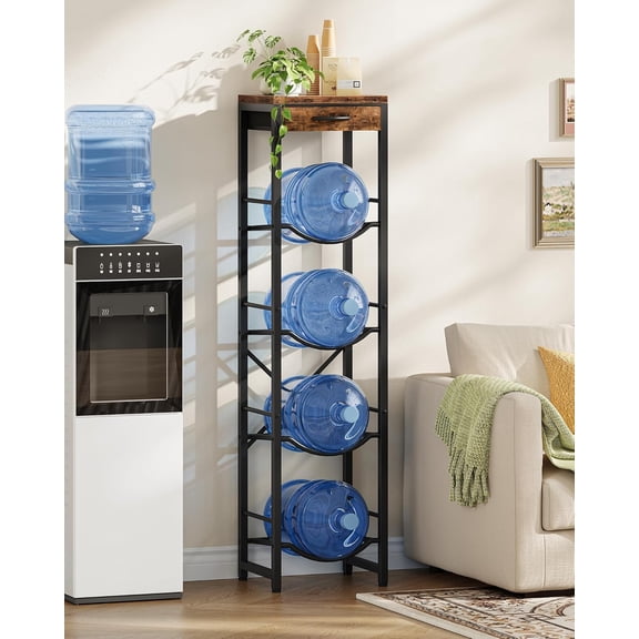 5-Gallon Water Jug Holder, Water Bottle Holder, 4-Tier Kettle Storage Shelf with Drawer, Water Dispenser Replacement Parts, for Kitchen, Black and Rustic Brown