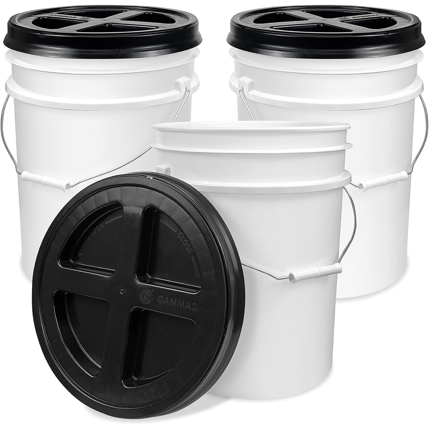 5 Gallon White Bucket & Gamma Seal Lid 5 Gallon White Bucket with Black Gamma Seal Screw on Airtight Lid, Made