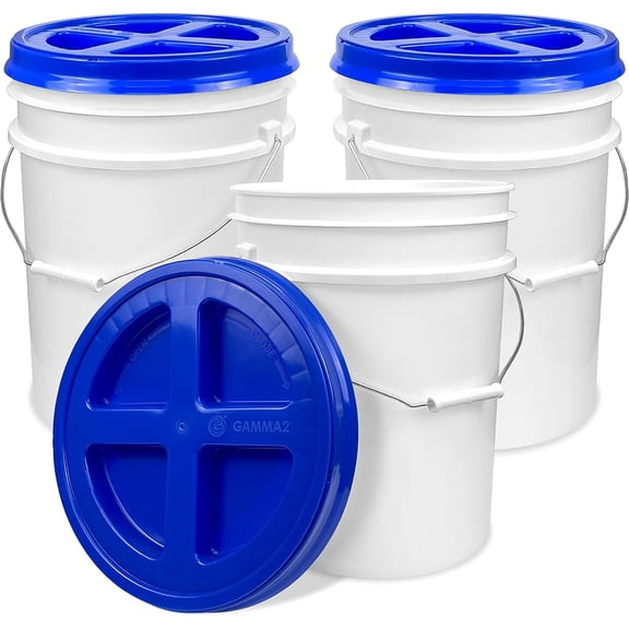 5 Gallon White Bucket with Gamma Seal Screw on Airtight Lid | Made in USA | Food Grade | Heavy-Duty | Durable 90 Mil All Purpose Pail | Easy Stack and Store | BPA Free (3 Count), White