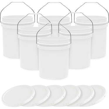 5-Gallon White Bucket Pail Container with Lid | Food Grade | Heavy-Duty 90MIL Extra Durable | Metal Handles with Plastic Grip for Easy Carrying | Multi-Use | Easy Stack and Store | BPA Free - 6 Pack