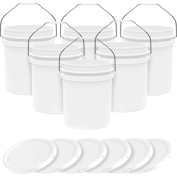 5-Gallon White Bucket Pail Container with Lid | Food Grade | Heavy-Duty Approx 90 MIL Extra Durable | Metal Handles with Plastic Grip | Multi-Use | Easy Stack and Store | BPA Free - 6 Pack