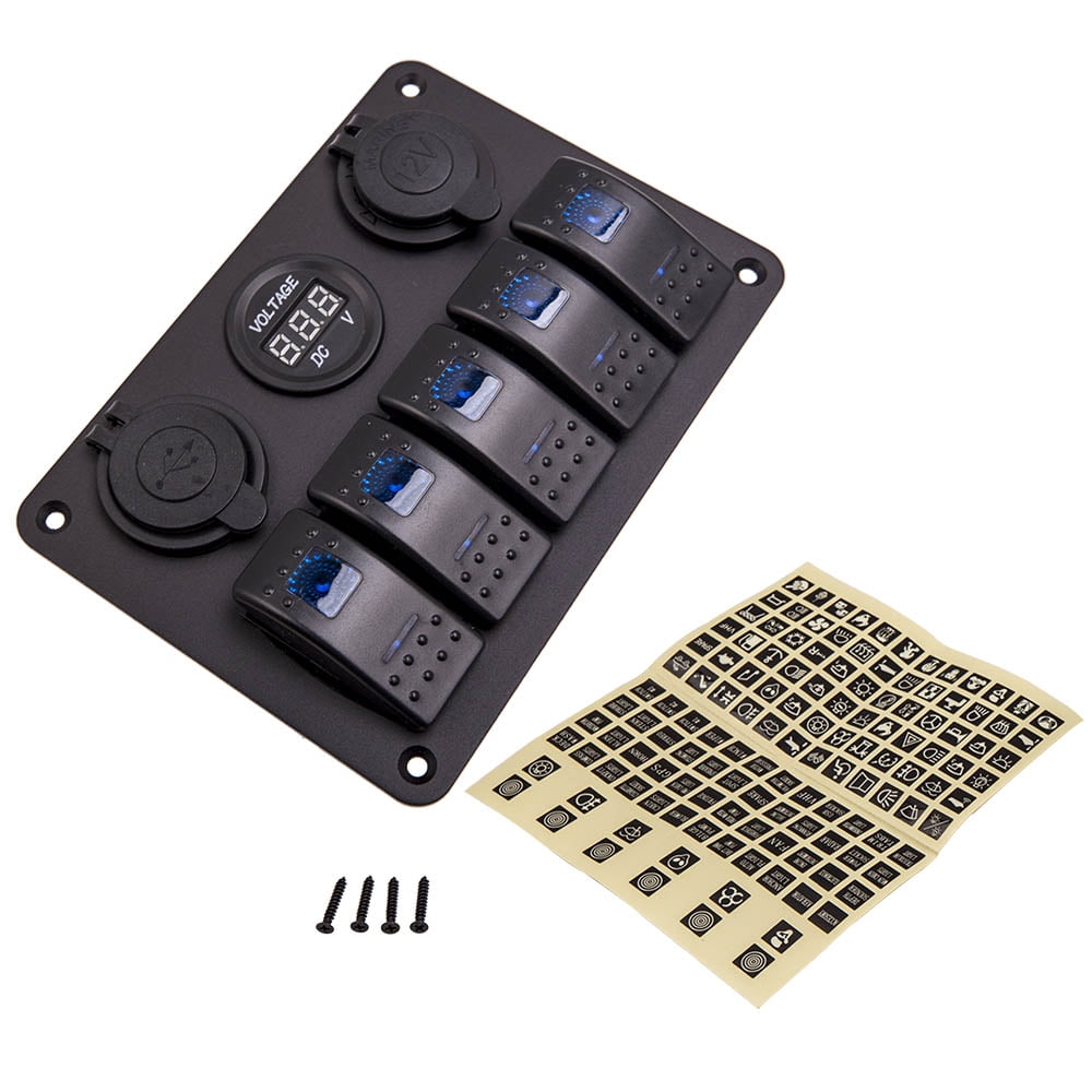5 Gang LED Rocker Switch Panel with 2 USB Ports & Cigarette Socket, 12V ...