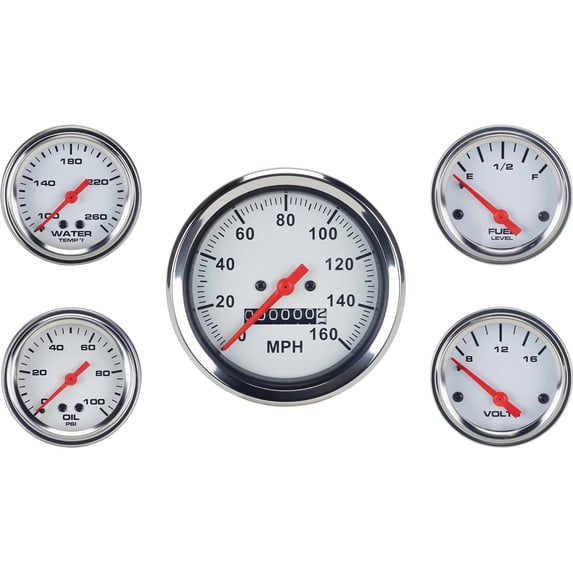 5-Gauge Set Complete Kit: 3-3/8" Mechanical Speedometer, 2-1/16" Component Gauges with White Face, Red Pointer & Chrome Bezel, Includes Tubing, Adapters, Fuel Level Sender