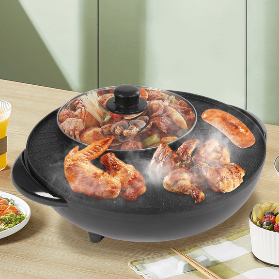 5 Gears Round Circular Edition Hotpot Grill Combo Indoor BBQ Black Portable Smokeless Grill with Protective Lid