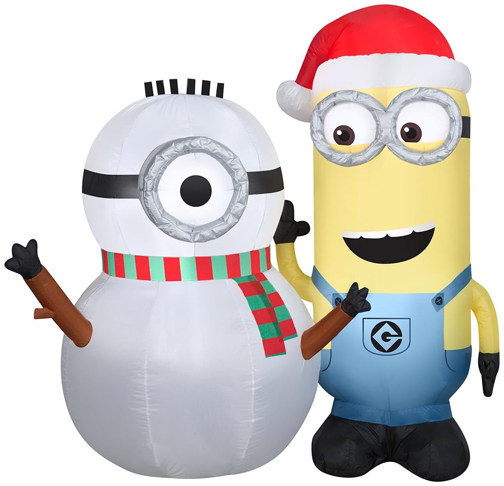 Gemmy Inflatable Minion Kevin Building Snowman Christmas Scene