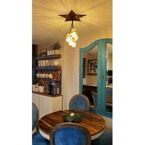 5 Glass Jars Chandelier, Rustic Primitive Pendant Light, Handmade Clear Light Fixture, 14 "W x 14 "H x 14 "D, Cute Chandelier for Home Decor Bedroom Diningroom (Black)