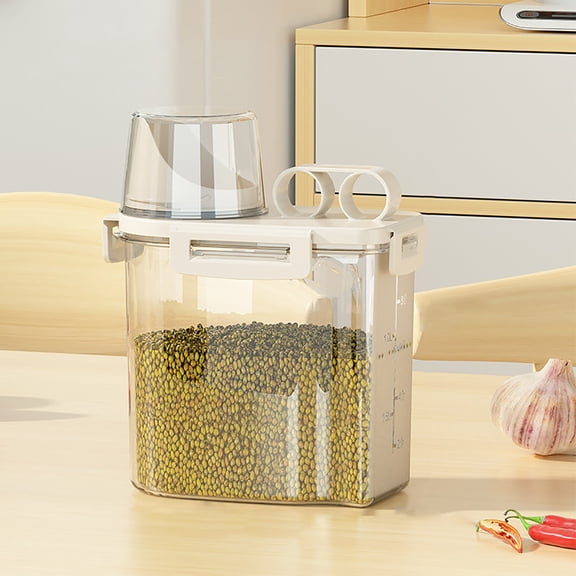 5-Grain Rice Storage Container with Sealing Lid - Food Grade Kitchen Canister for Flour, Beans, and Cereals - Transparent Airtight Bucket with Handle and Measuring Cup for Dry Food Organization
