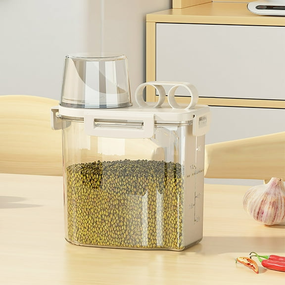 5-Grain Storage Container with Measuring Lid - 1.5L Food Grade Airtight Rice Bucket, Transparent Kitchen Grain Jar with Handle & Pour Spout, BPA-Free Sealing Tank