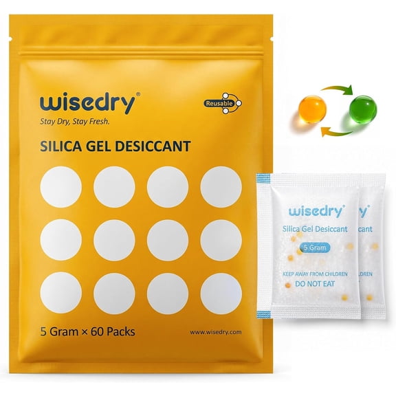 5 Gram 60 Packs Food Grade Silica Gel Packets, Rechargeable Food Safe Desiccant Packs with Color Indicating Beads, Reusable Moisture Absorbers for Food Storage, Electronics, 3D Filament & Safe