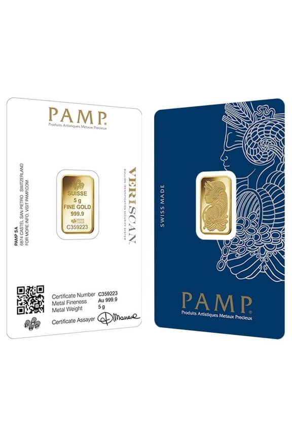5 Gram Gold Bar PAMP Suisse Lady Fortuna Veriscan .9999 Fine (in Assay)