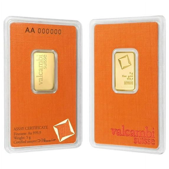 5 Gram Gold Bar Valcambi Suisse .9999 Fine (in Assay)