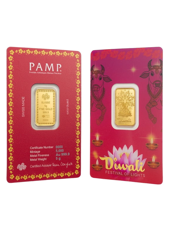 5 Gram PAMP Suisse Diwali Lakshmi & Sacred Cow Gold Bar .9999 Fine (in Assay)