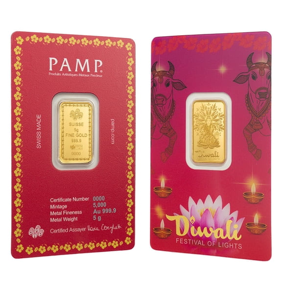 5 Gram PAMP Suisse Diwali Lakshmi & Sacred Cow Gold Bar .9999 Fine (in Assay)