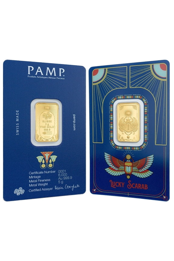 5 Gram PAMP Suisse Lucky Scarab Gold Bar .9999 Fine (in Assay)